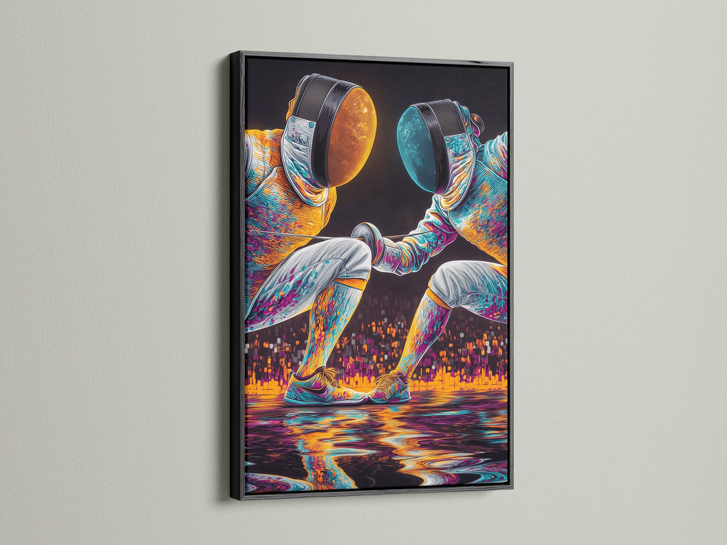 Fencing Duel Modern Wall Art in a sleek black frame. The dynamic art features a fencing match. It is suitable for various interior styles. This artwork can elevate spaces like studios and boardrooms
