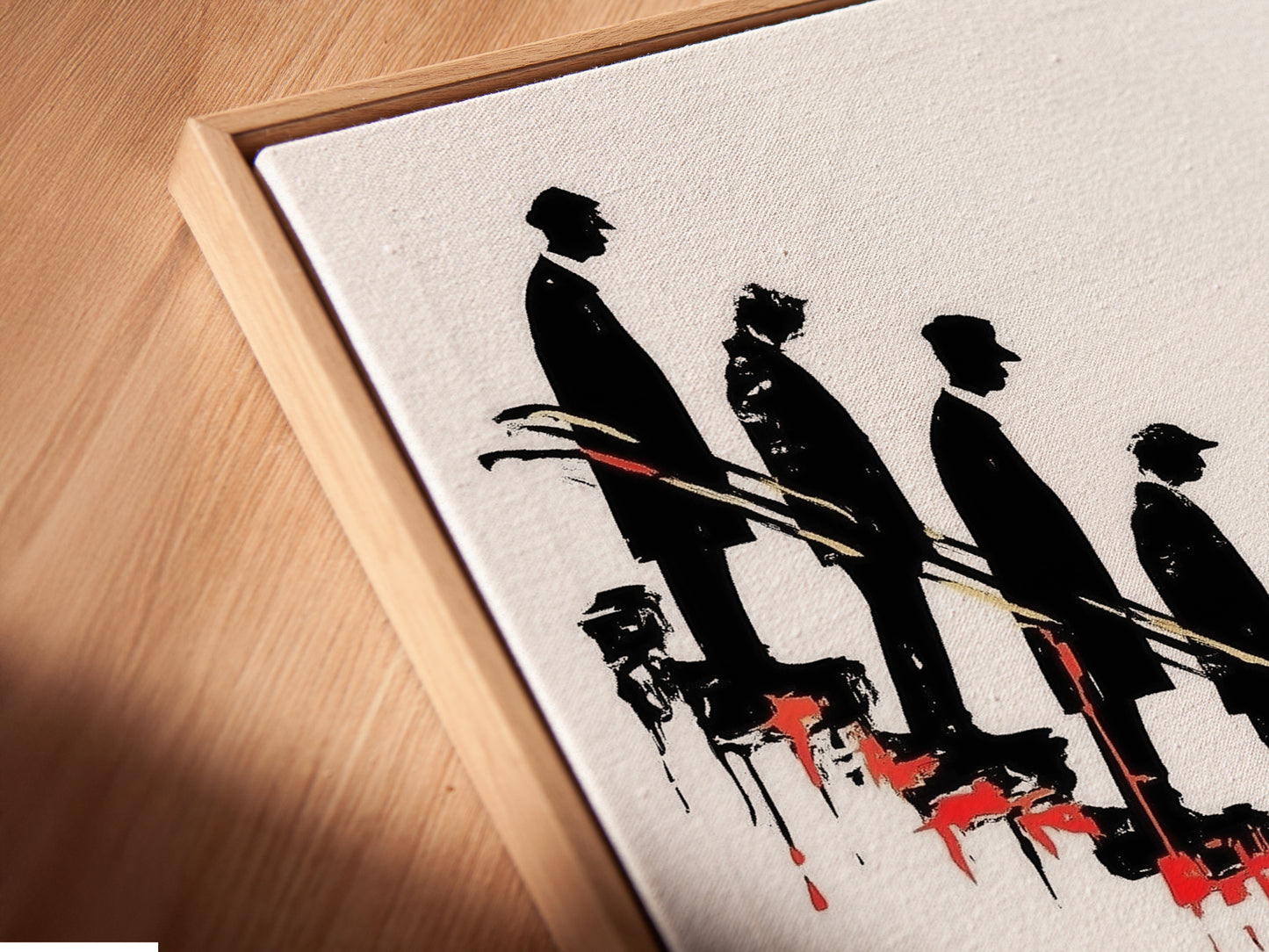 A close-up angled view of a canvas print in a floating frame. The artwork features descending figures on a stairway. This modern art print is perfect for adding depth to your office or home. The floating frame enhances the minimalist decor style. Black and red art elements make it unique.