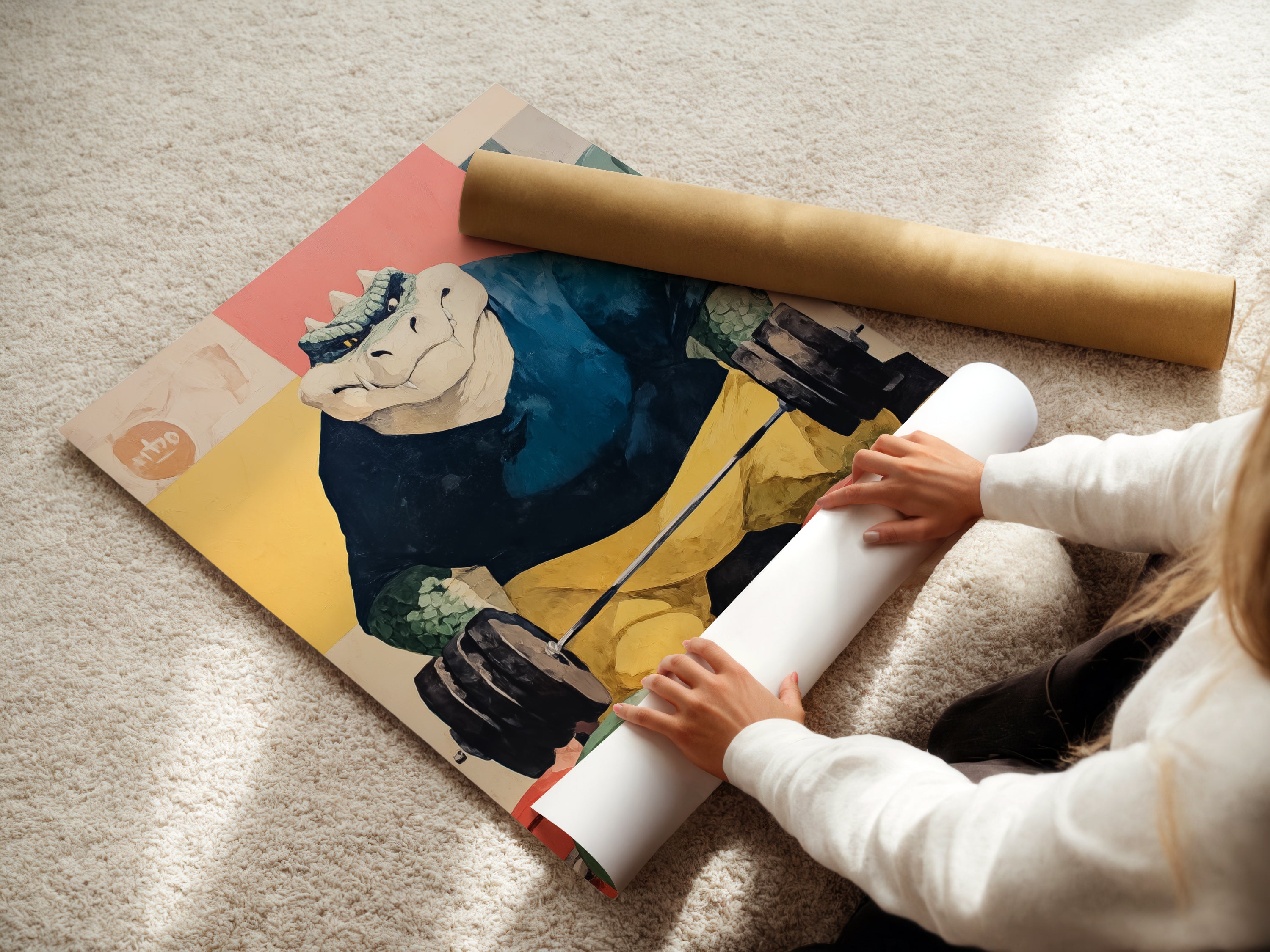 A woman is carefully rolling a fine art poster paper of the Weightlifting Gator. This print is perfect for gym wall art. The reptile artwork will add a unique touch to your workout space.