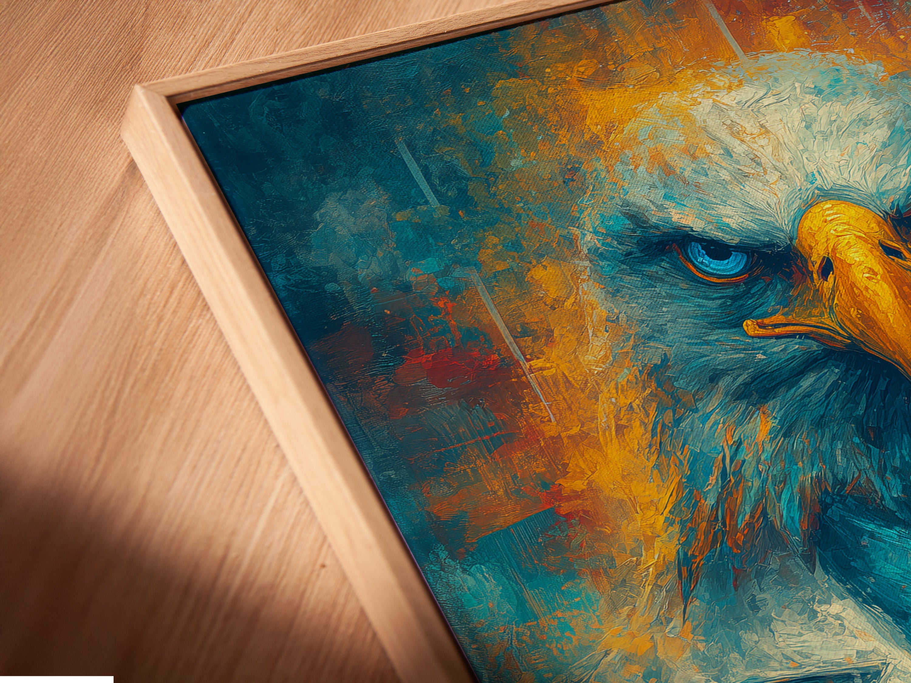 Close-up angled view of the Eagle Doctor canvas print in a floating frame. The contemporary art piece features an animal portrait. It is ideal for medical office decor. The blue and gold colors add a modern touch. Perfect for professional decor in clinics and medical offices.