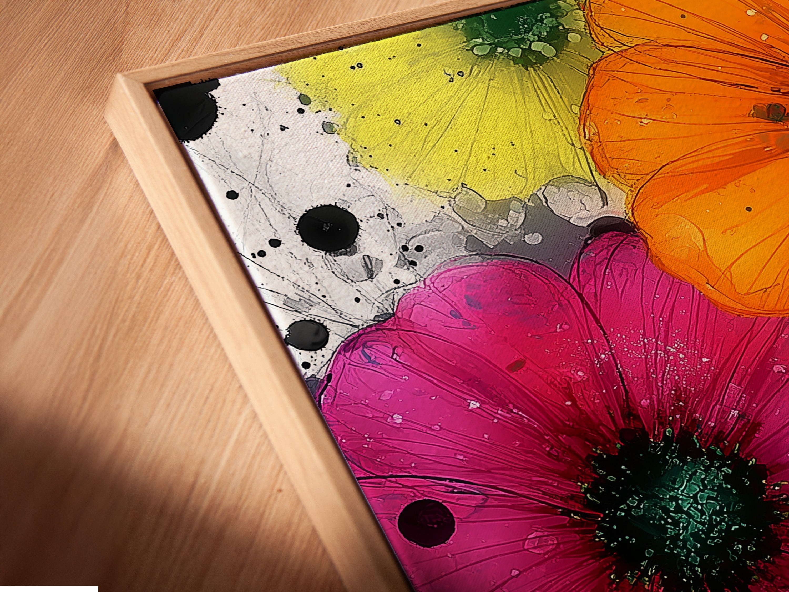 Angled close up of a canvas print in a floating frame. This colorful botanical wall art features orange pink and blue flowers. The artwork complements minimalist Scandinavian or eclectic interiors. Perfect for living room wall decor bedroom art office art studios lobbies clinics and spas.