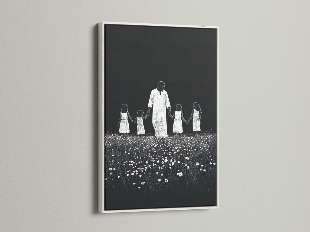 Artwork with a white frame. The art features a symbolic depiction. It shows a man holding hands with children in a field of flowers. The white frame offers a clean and modern look. This frame ensures the artwork stands out.