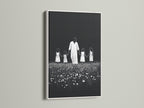 Artwork with a white frame. The art features a symbolic depiction. It shows a man holding hands with children in a field of flowers. The white frame offers a clean and modern look. This frame ensures the artwork stands out.