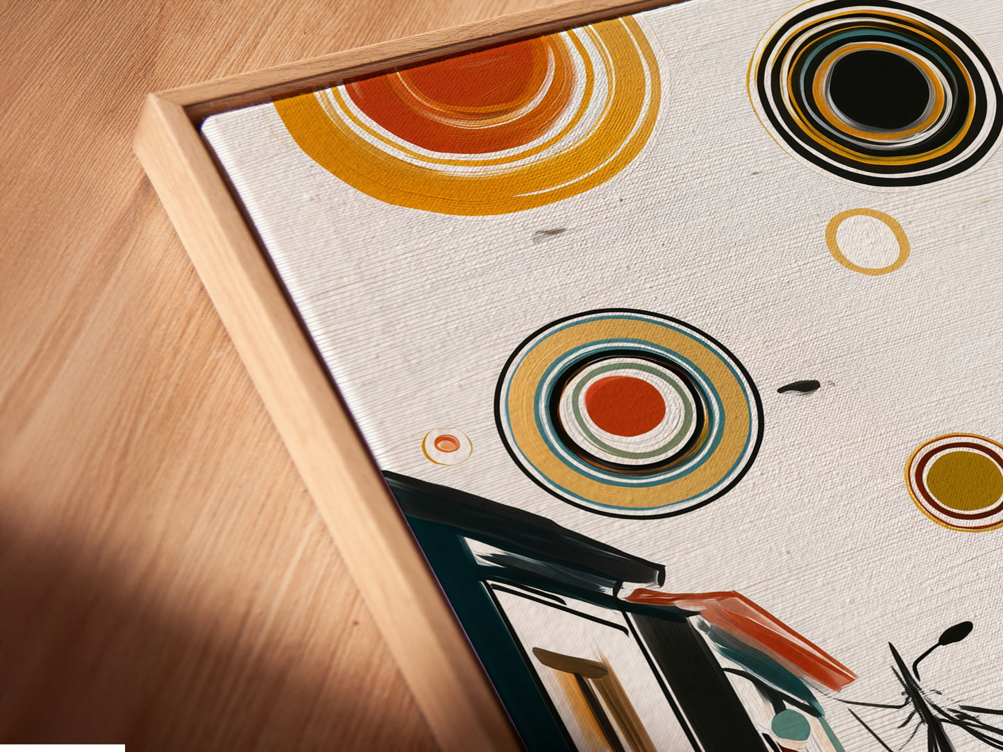 Close-up angled view of the City Cyclists canvas print in a floating frame. The frame adds depth to the urban landscape wall art. The artwork features cyclists in a vibrant cityscape. A great focal point.