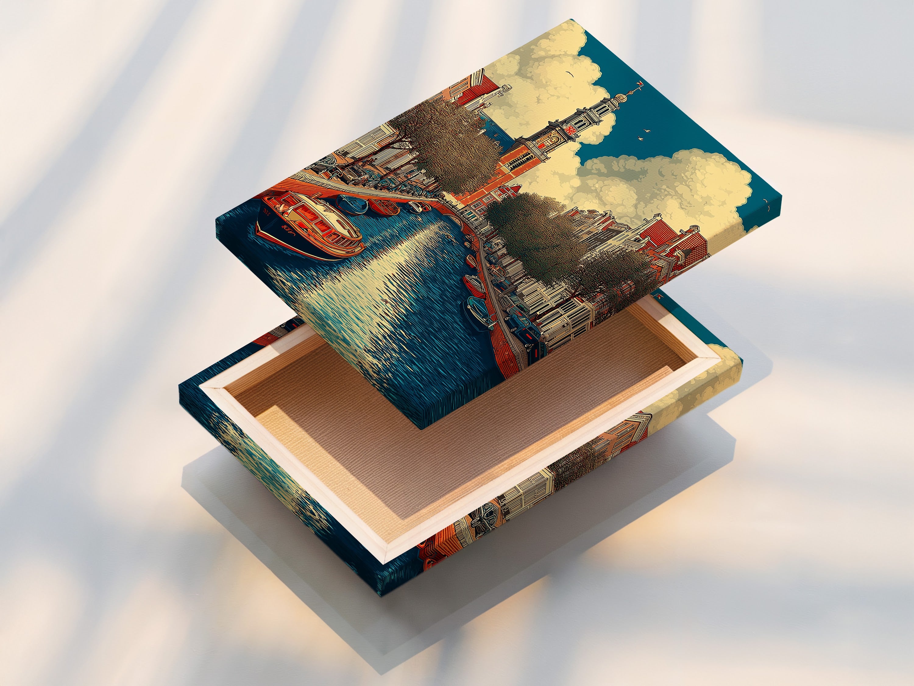 Stampa su tela del canale di Amsterdam - Arte murale con architettura olandese d'epoca, poster con paesaggio urbano europeo per l'arredamento del soggiorno