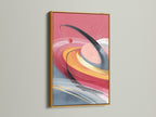 Abstract swirl artwork in a luxurious gold frame. The coral pink and gold wall art creates a vibrant focal point. This modern canvas art elevates any interior. Ideal for those seeking elevated contemporary wall decor.