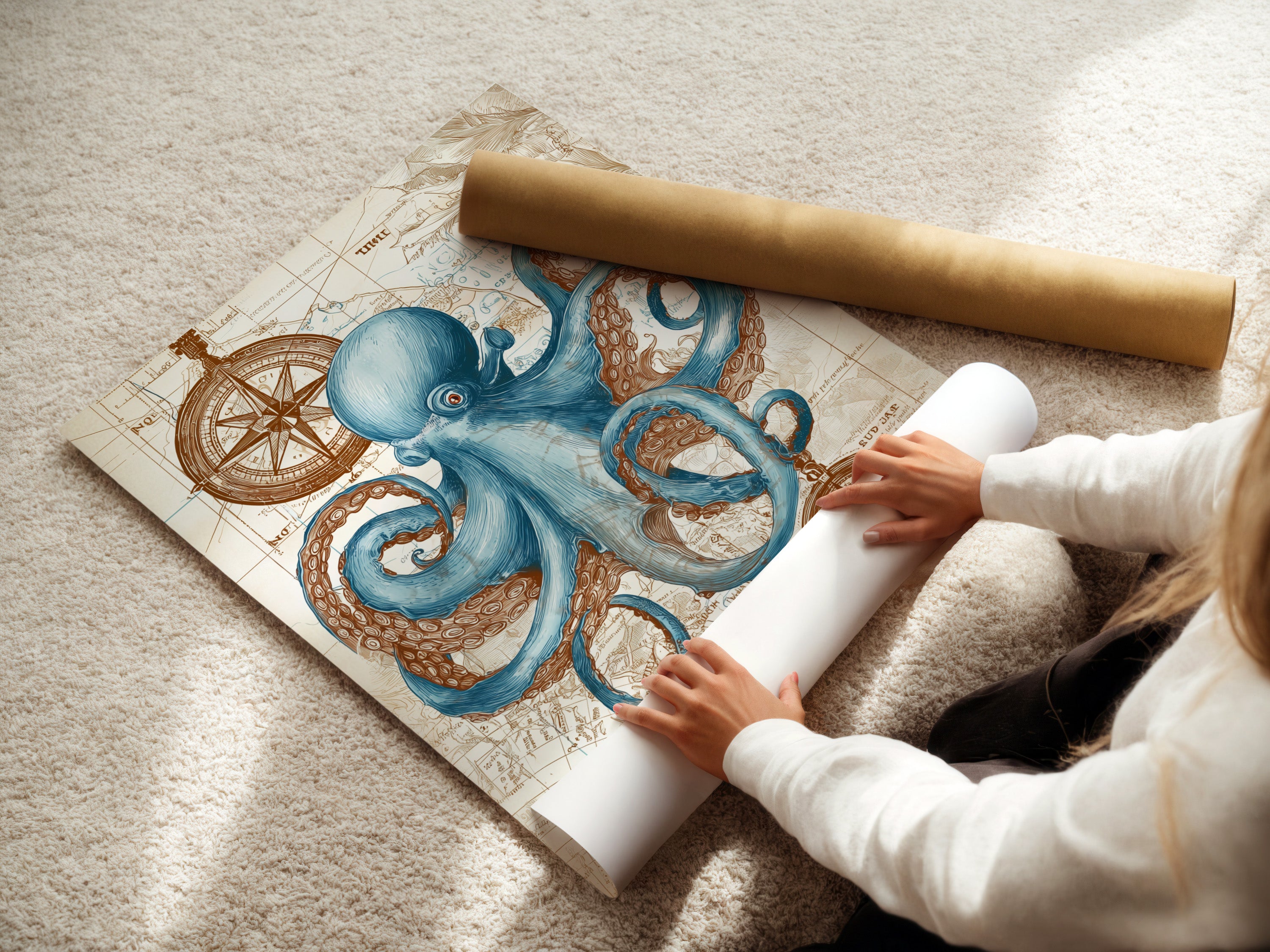 A woman carefully rolls a fine art poster paper. The poster features a captivating blue octopus artwork. This high-quality art paper ensures the artwork's details are preserved. Ideal for art collectors and enthusiasts who appreciate fine prints. Perfect for framing and displaying in any room