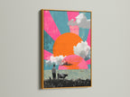 The hot pink and teal surreal landscape artwork featuring a retro sun a cow and a man is displayed in a gold frame. The funky wall art brings a touch of modern elegance. It will enhance your home decor and office spaces.