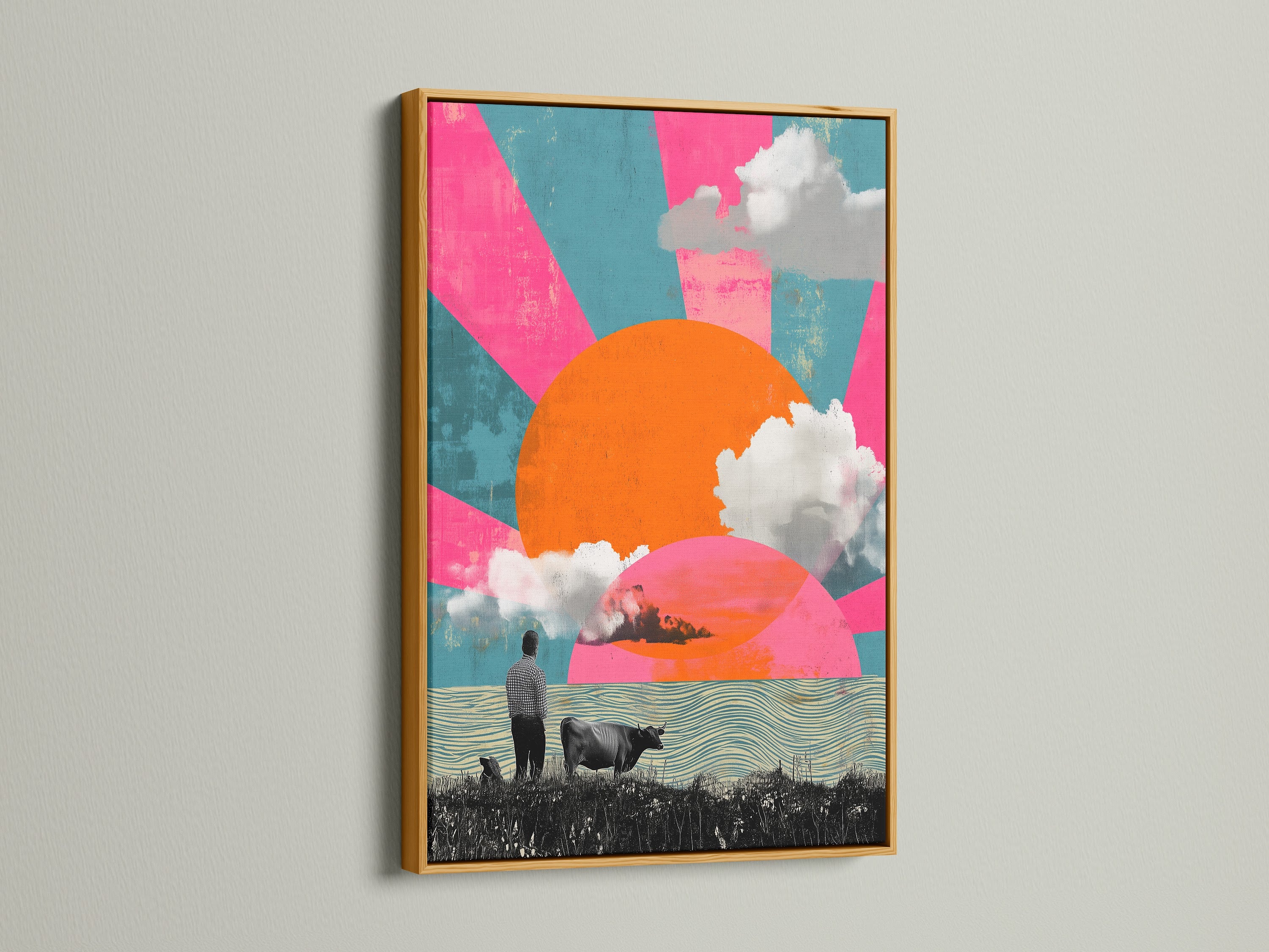 The hot pink and teal surreal landscape artwork featuring a retro sun a cow and a man is displayed in a gold frame. The funky wall art brings a touch of modern elegance. It will enhance your home decor and office spaces.