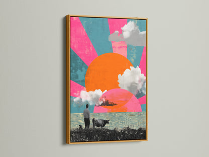 The hot pink and teal surreal landscape artwork featuring a retro sun a cow and a man is displayed in a gold frame. The funky wall art brings a touch of modern elegance. It will enhance your home decor and office spaces.