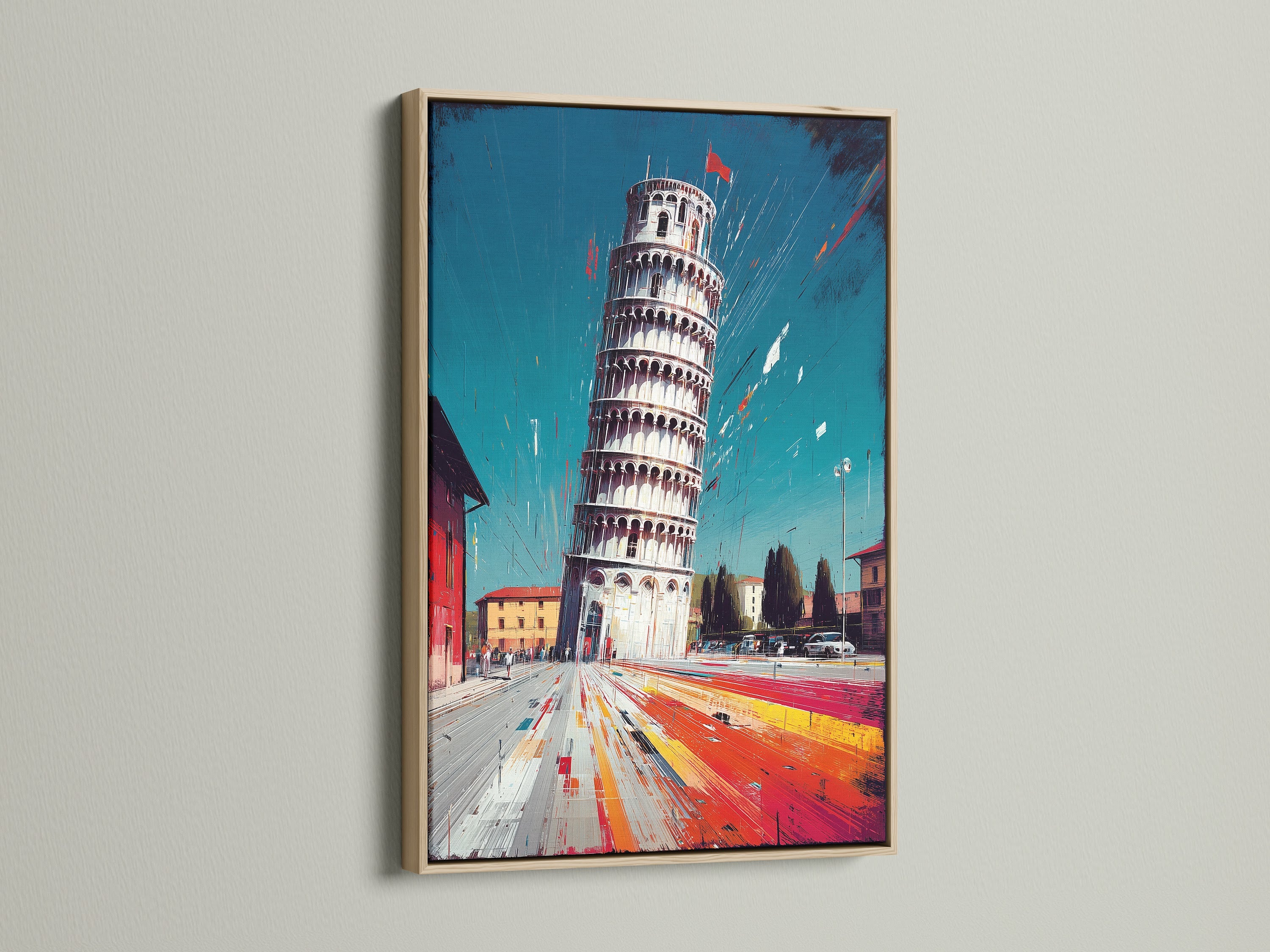 Showcasing an oak frame. This frame enhances the Leaning Tower of Pisa artwork. Ideal for homeowners and interior designers seeking to elevate spaces. The warm tones of the oak beautifully complement modern italian architecture art. Perfect for living room decor