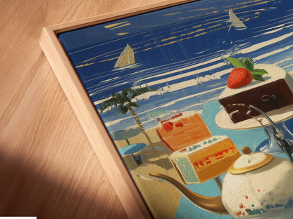 A close up angled view shows a canvas print in a floating frame. The coastal still life artwork features a beach cafe scene. The summer fruit and cake poster is perfect for kitchen decor. The floating frame adds a modern touch.