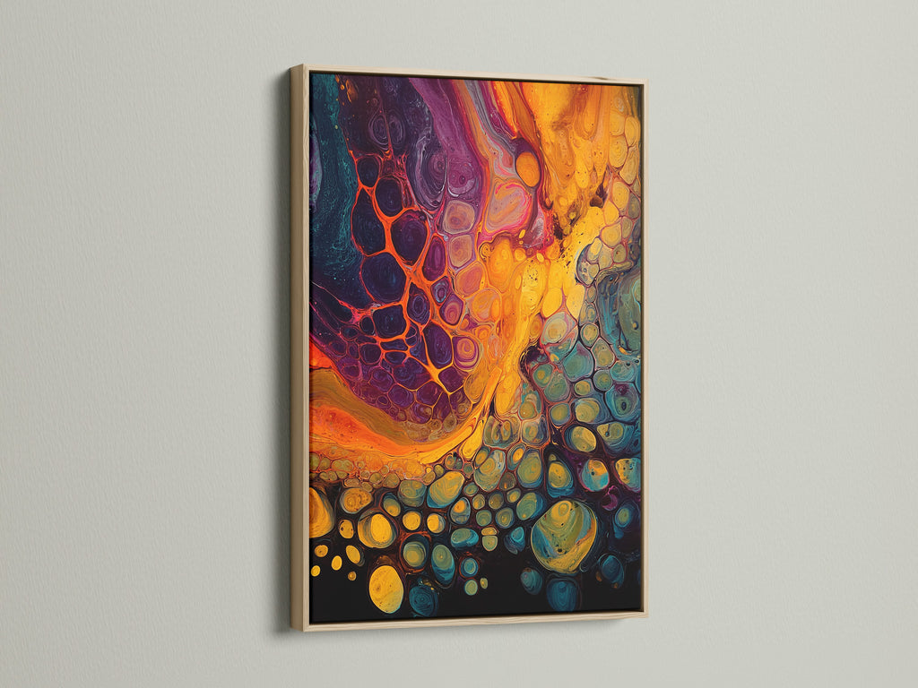 Discover the warmth of an oak frame. This frame enhances a colorful abstract artwork. The natural wood grain brings organic texture to the piece. Perfect for adding a touch of nature to your walls. A timeless choice for framing art.