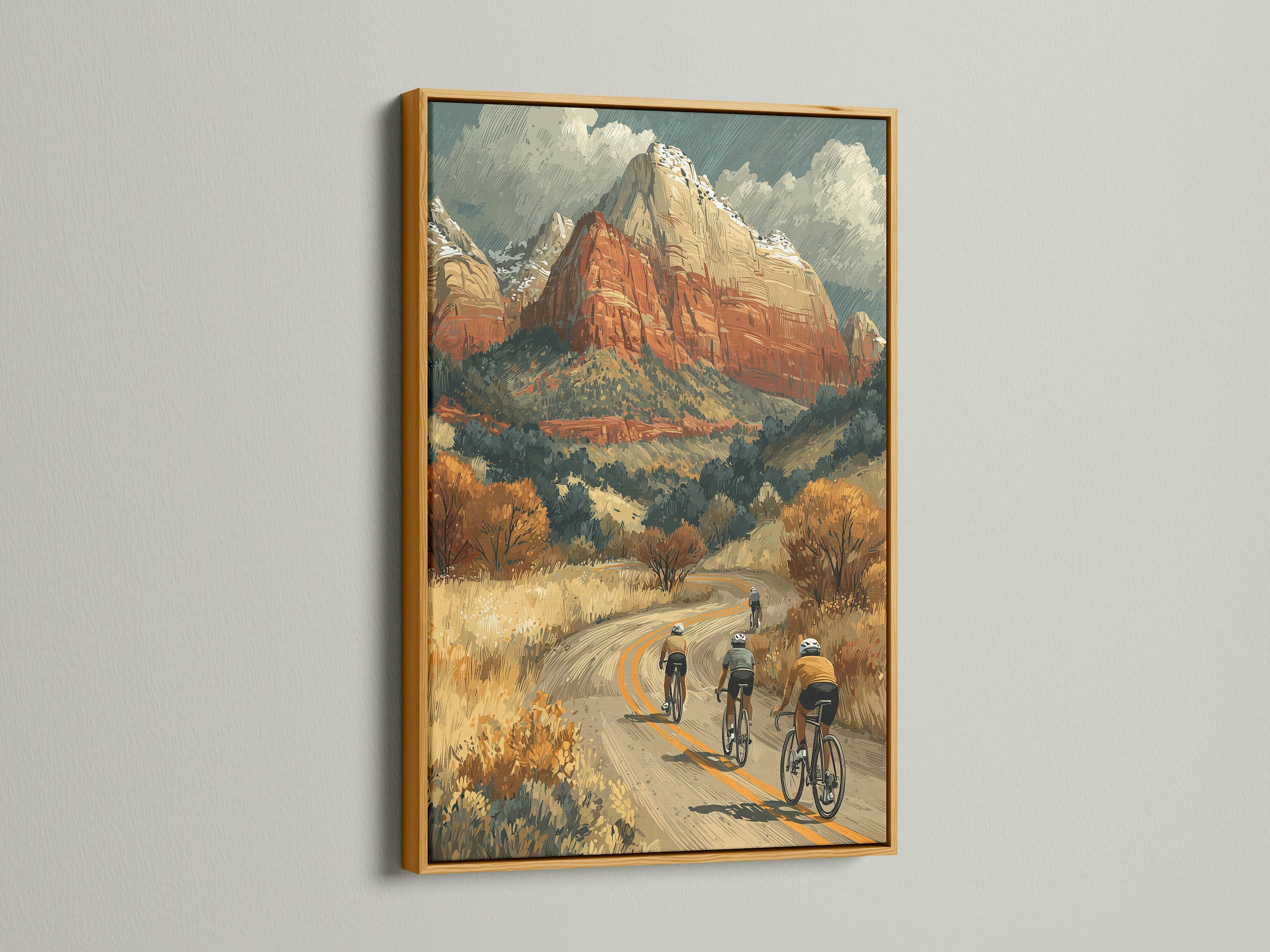 Cycling art print in a gold frame. Vintage adventure wall art. Desert landscape poster for home or office decor. This cycling art print makes a great gift for business owners. The style is mid-century.