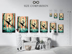 A size comparison chart is displayed in an interior setting. This chart helps visualize the artwork's dimensions. It ensures the perfect fit for your space. Choose the ideal size for your ballerina art.