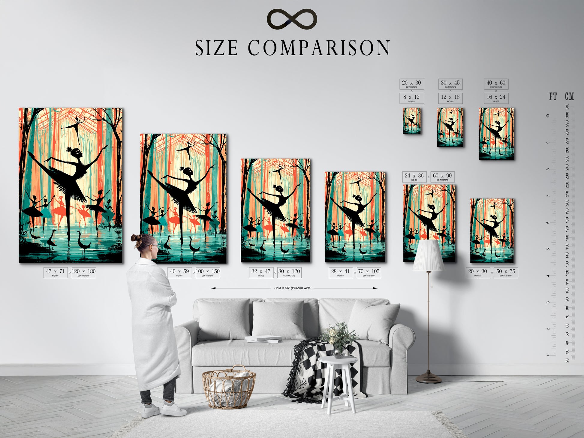 A size comparison chart is displayed in an interior setting. This chart helps visualize the artwork's dimensions. It ensures the perfect fit for your space. Choose the ideal size for your ballerina art.