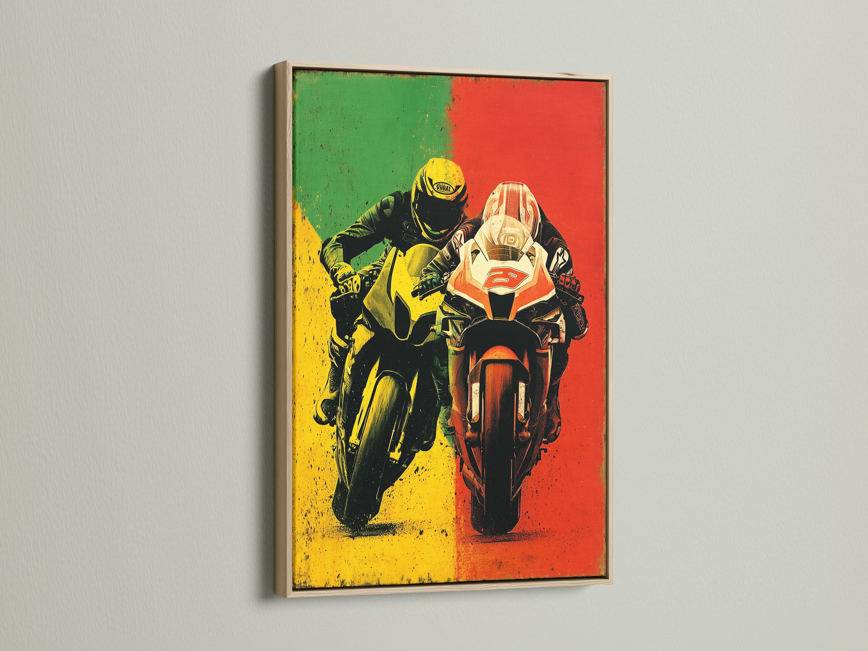 Motorcycle racing poster in an oak frame. Ideal vintage sports art to decorate your man cave or garage wall. This retro bike artwork captures speed and style. Perfect for any racing fan. Bring the thrill home.