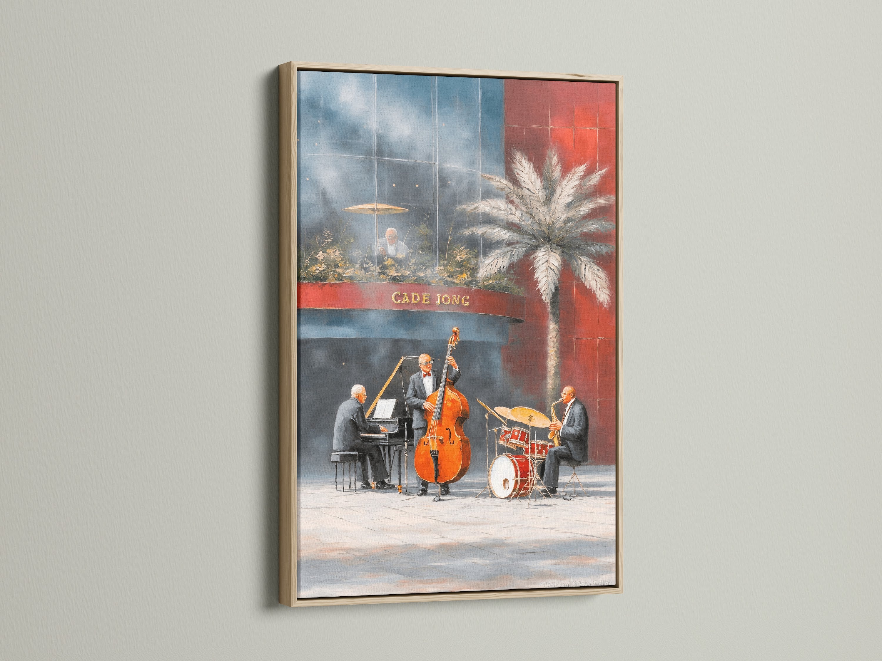 Experience the elegance of our oak frame showcasing a jazz band artwork. The New Orleans music wall art brings vintage charm to your space. Ideal for music enthusiasts and jazz aficionados. This music canvas print suits living rooms bars and music rooms.