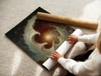 A woman is carefully rolling a fine art poster paper of the Celestial Vortex. This abstract galaxy wall art is perfect as study room decor. The space themed art is ideal for dark academia. It is a unique gift for scholars.