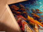 A close-up angled view of a coastal landscape canvas print in a floating frame. The frame enhances the artwork's vibrant colors. It features a turquoise ocean rocky cliffs and lush trees. This seascape artwork is perfect for coastal and modern homes.