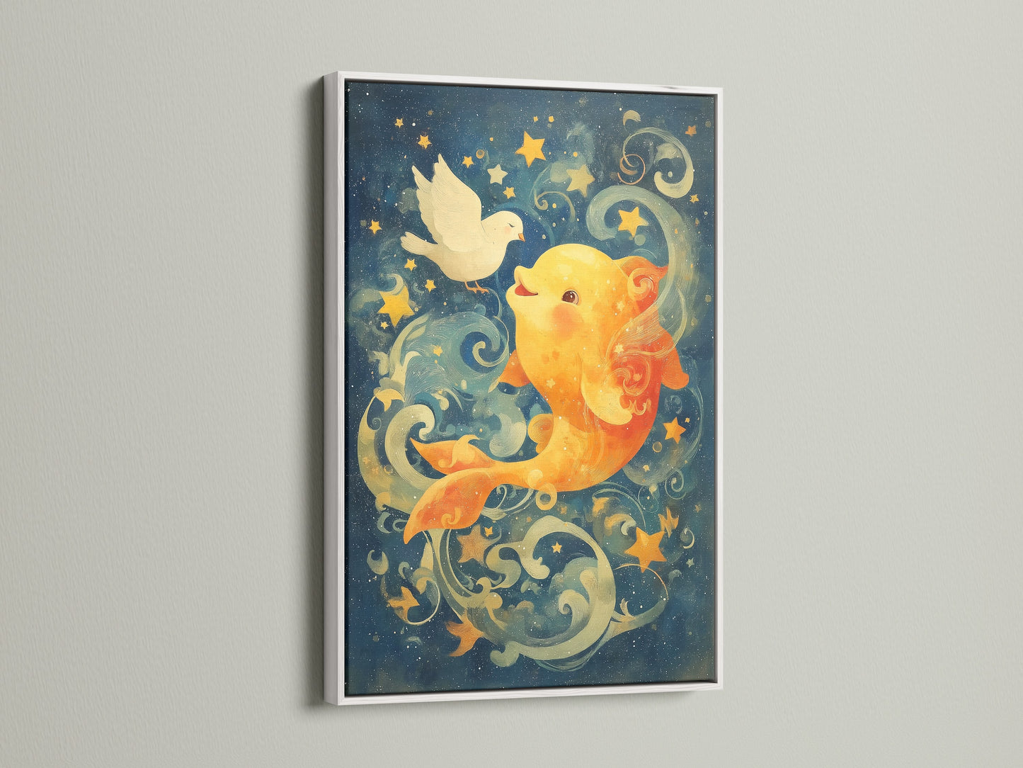 This enchanting Celestial Goldfish artwork is presented in a clean white frame. The contrast highlights the vibrant colors of the nautical print. Perfect for adding a whimsical and marine-themed touch to a kids room. The white frame offers a fresh and modern look enhancing any space.