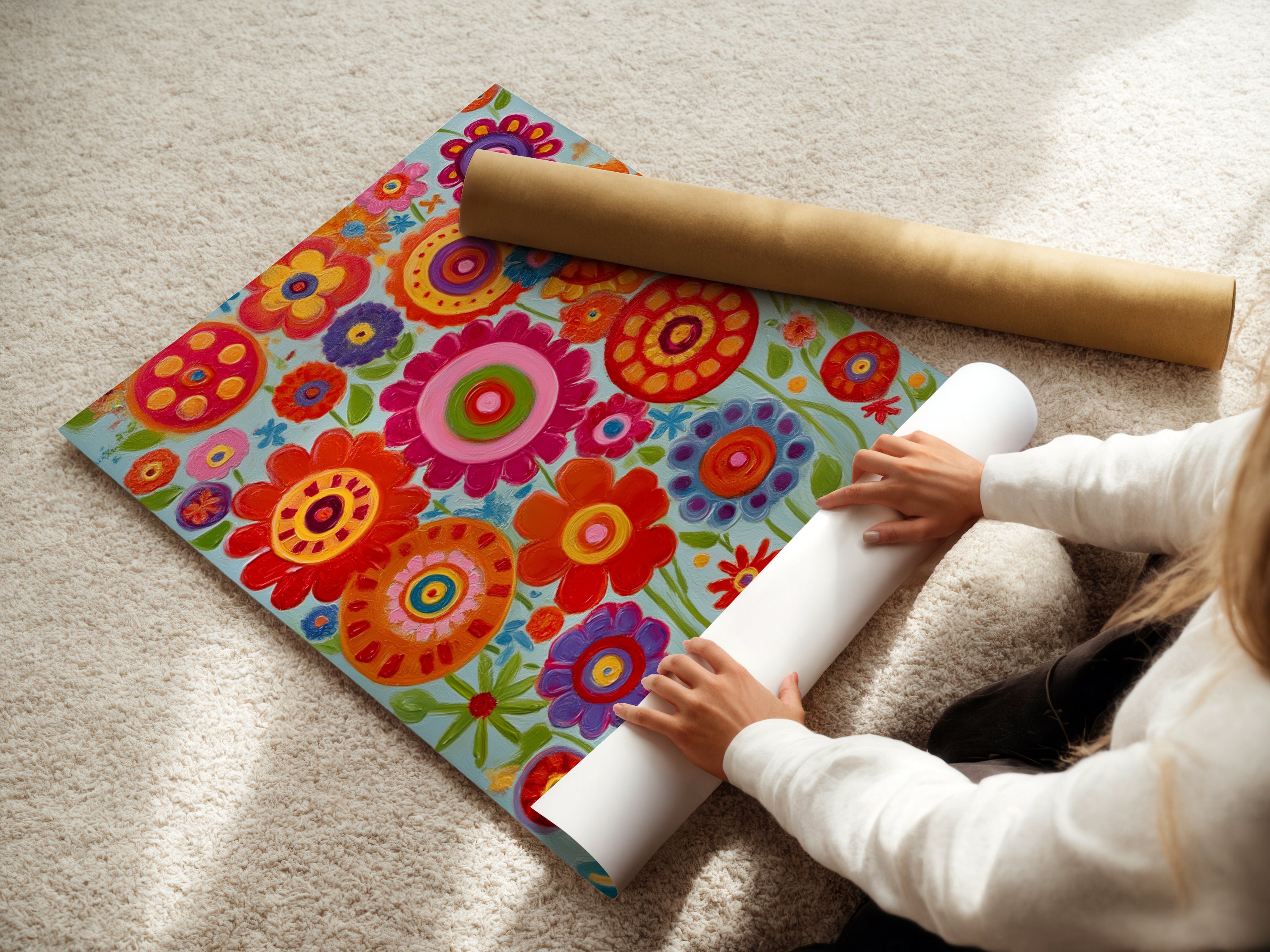 A woman is carefully rolling a fine art poster paper. The artwork is a colorful floral print. Ideal for creating beautiful wall art. Order your favorite botanical artwork for a personal touch to your space.