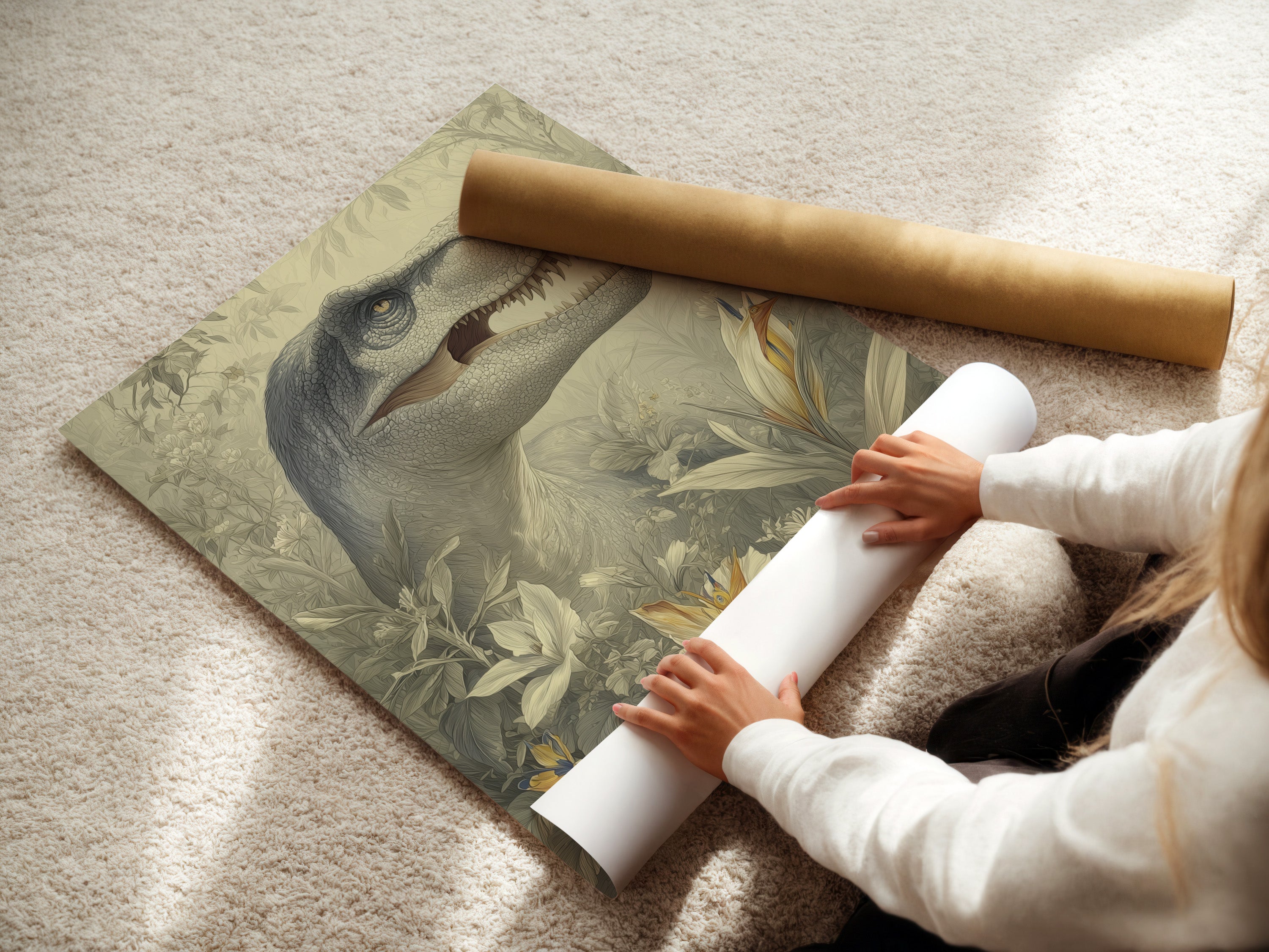 A woman carefully rolling a fine art poster paper. Our fine art posters offer high quality prints. We use archival paper for lasting beauty. Each print is carefully prepared for shipping and display.