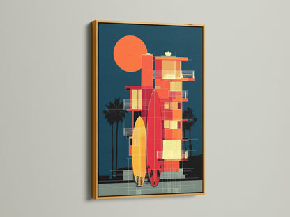 A gold frame displays a captivating surfboard artwork print. The beach house print adds a touch of ocean artwork. The coastal wall art complements mid-century modern decor. Perfect for those seeking summer vibes art. This California art enhances any space.