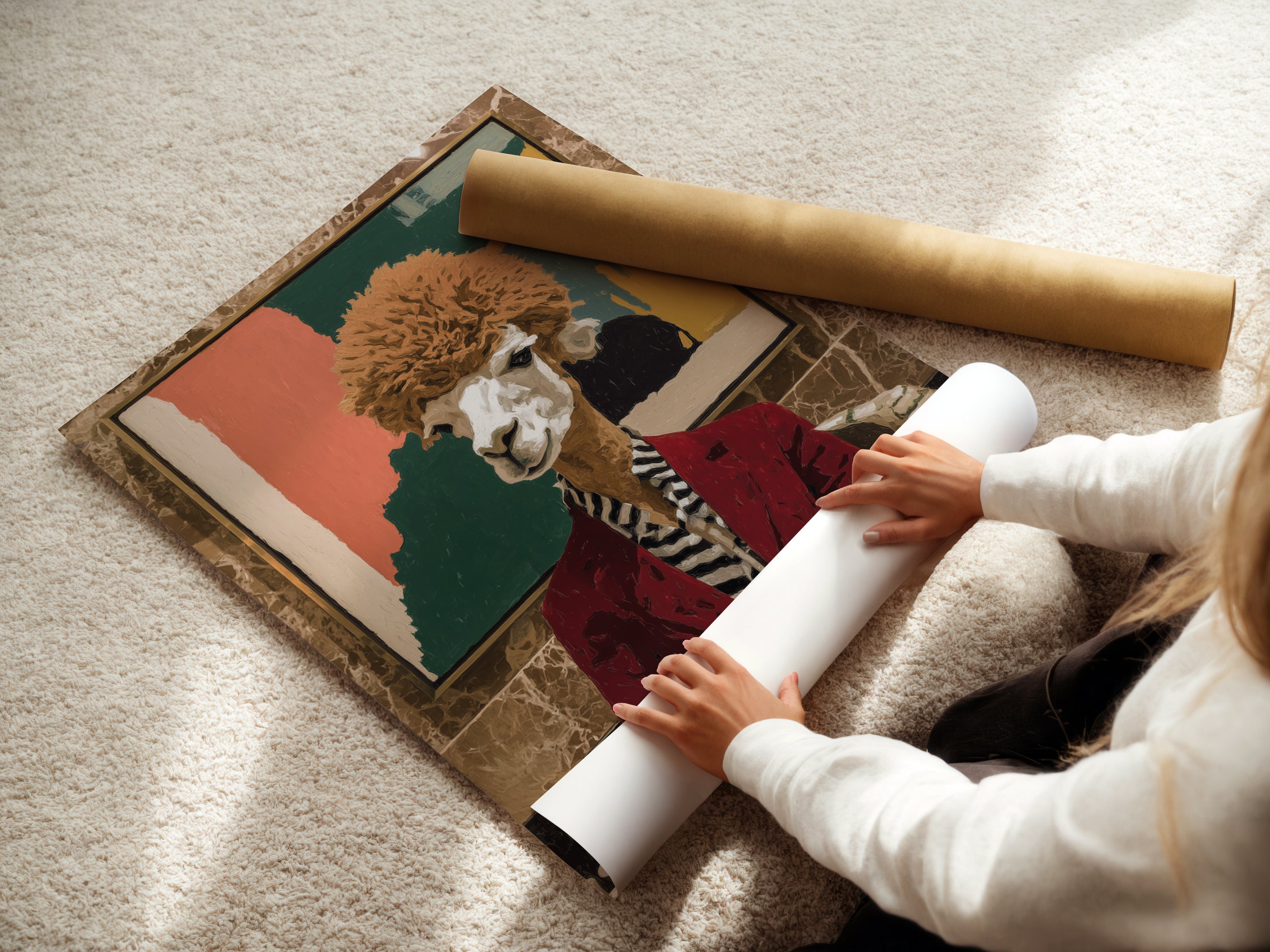 Woman rolling a fine art poster paper. The quirky llama art print is ready to be framed. It makes whimsical wall art accessible. Transform your space with animal canvas art.