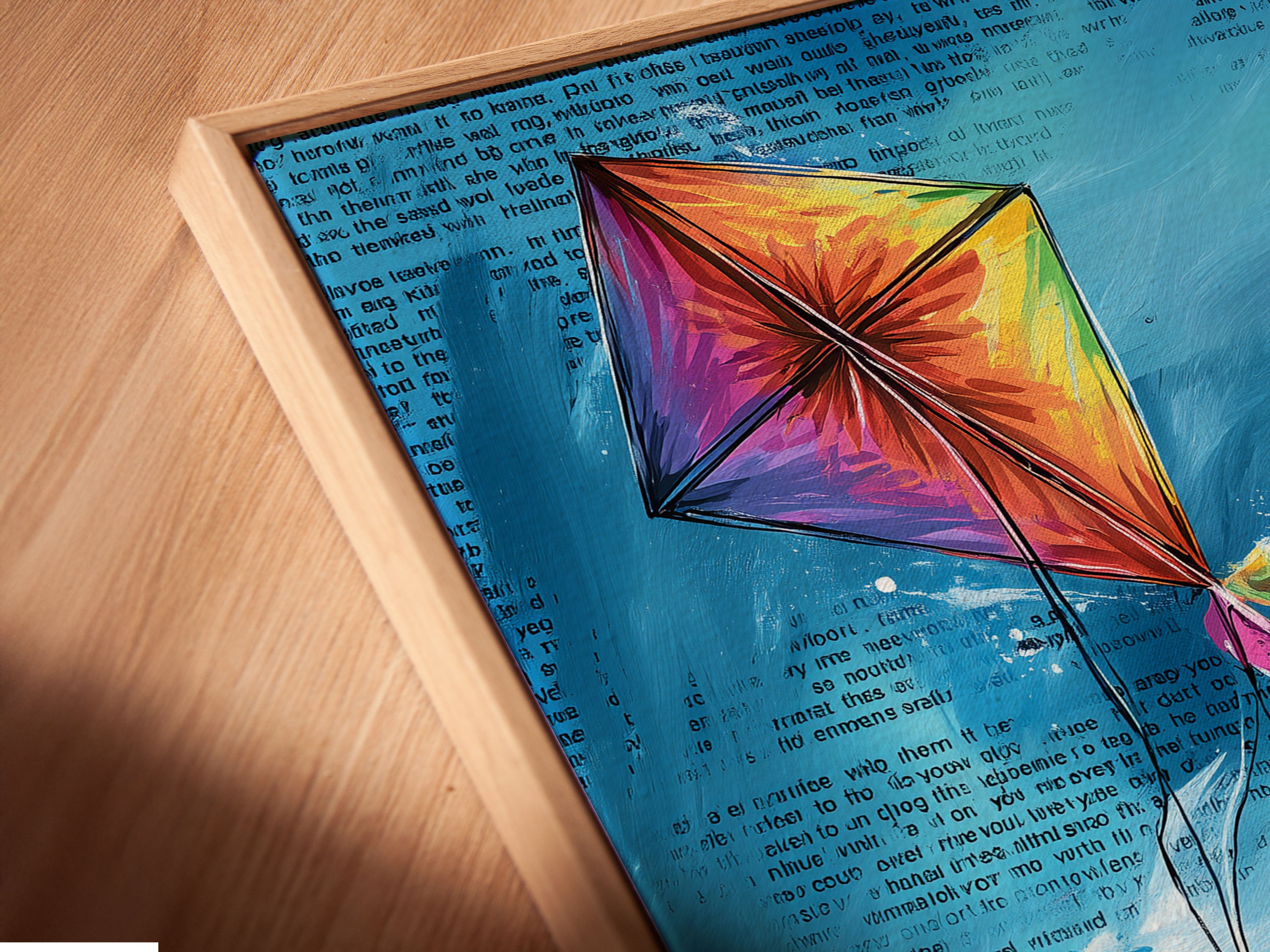 A close-up angled view shows a canvas print in a floating frame. The artwork features a colorful kite and a child and adult figure. The floating frame gives a modern gallery-like appearance. It enhances the artwork's depth making it a focal point in any room.