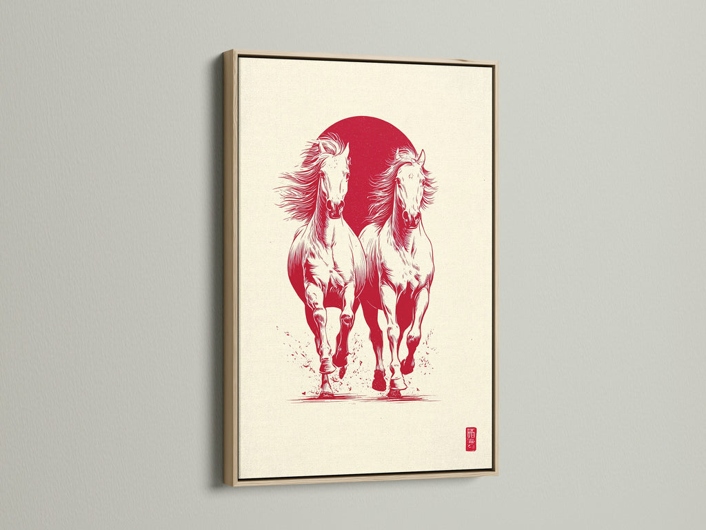 Artwork featuring two white horses running in front of a red sun. The art piece is displayed in an oak frame. The oak frame enhances the artwork's natural tones. The frame provides a classic and sophisticated look.