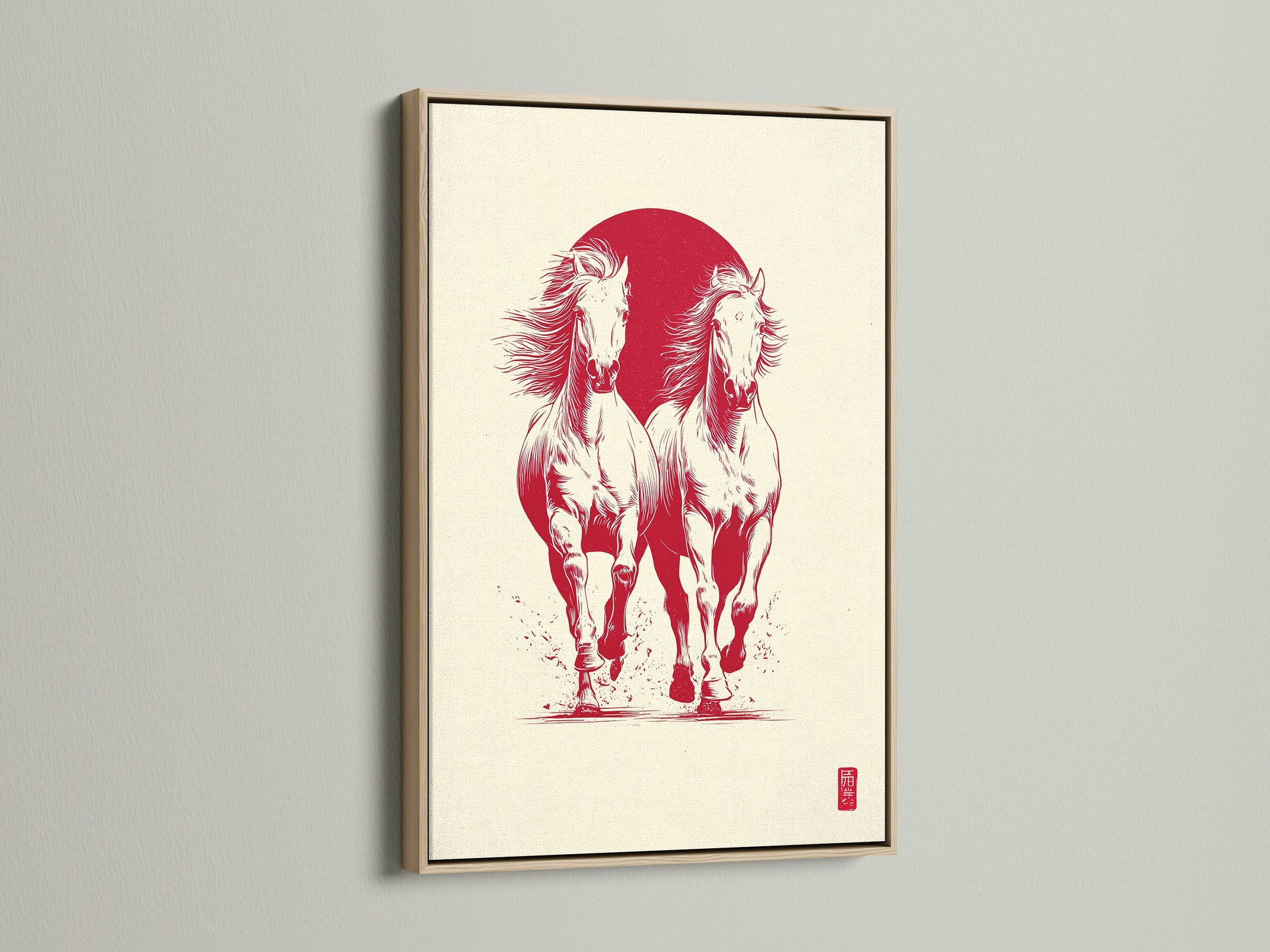 Artwork featuring two white horses running in front of a red sun. The art piece is displayed in an oak frame. The oak frame enhances the artwork's natural tones. The frame provides a classic and sophisticated look.