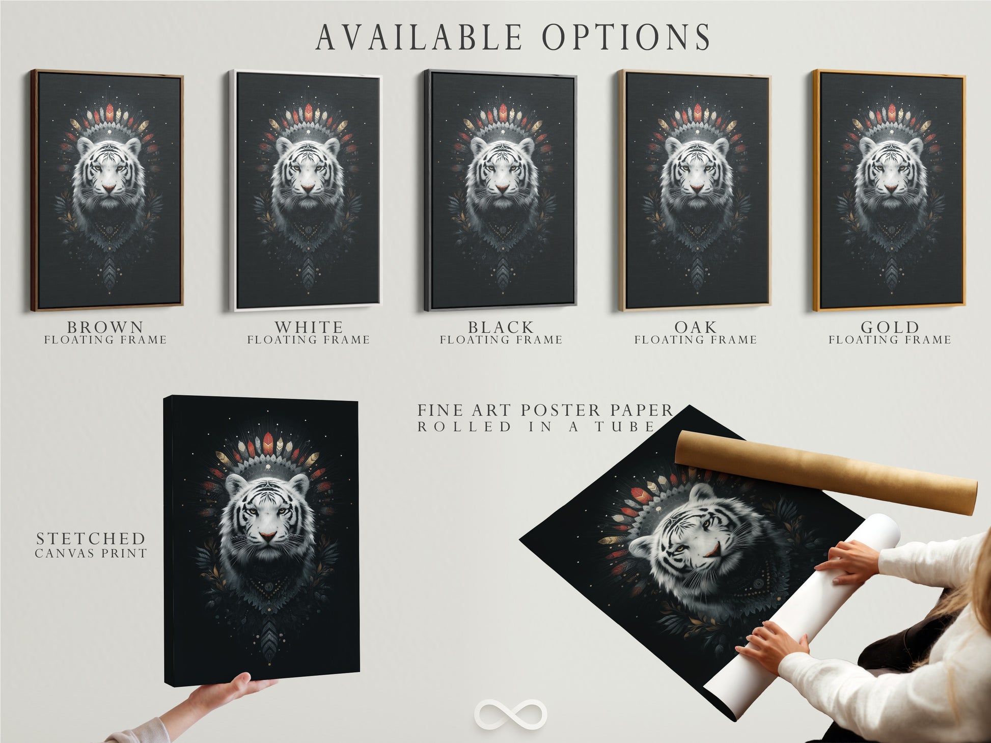 Explore available options including stretched canvas print fine art poster paper and floating frame. Showcasing the mystical white tiger artwork. Select the perfect format to suit your style. Enhance your space with this unique tribal art.