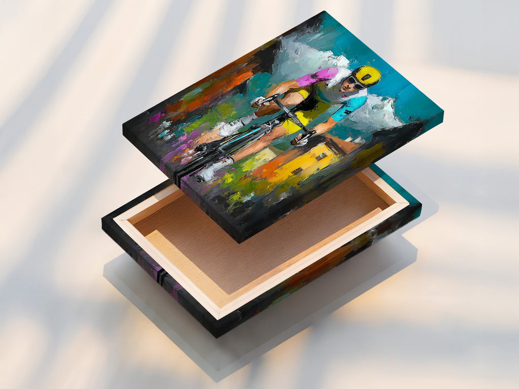 A stretched canvas print featuring vibrant artwork. The canvas is stretched and ready to hang. It offers a gallery-wrapped look. This print is perfect for adding color and style to any room. A durable and visually appealing option.