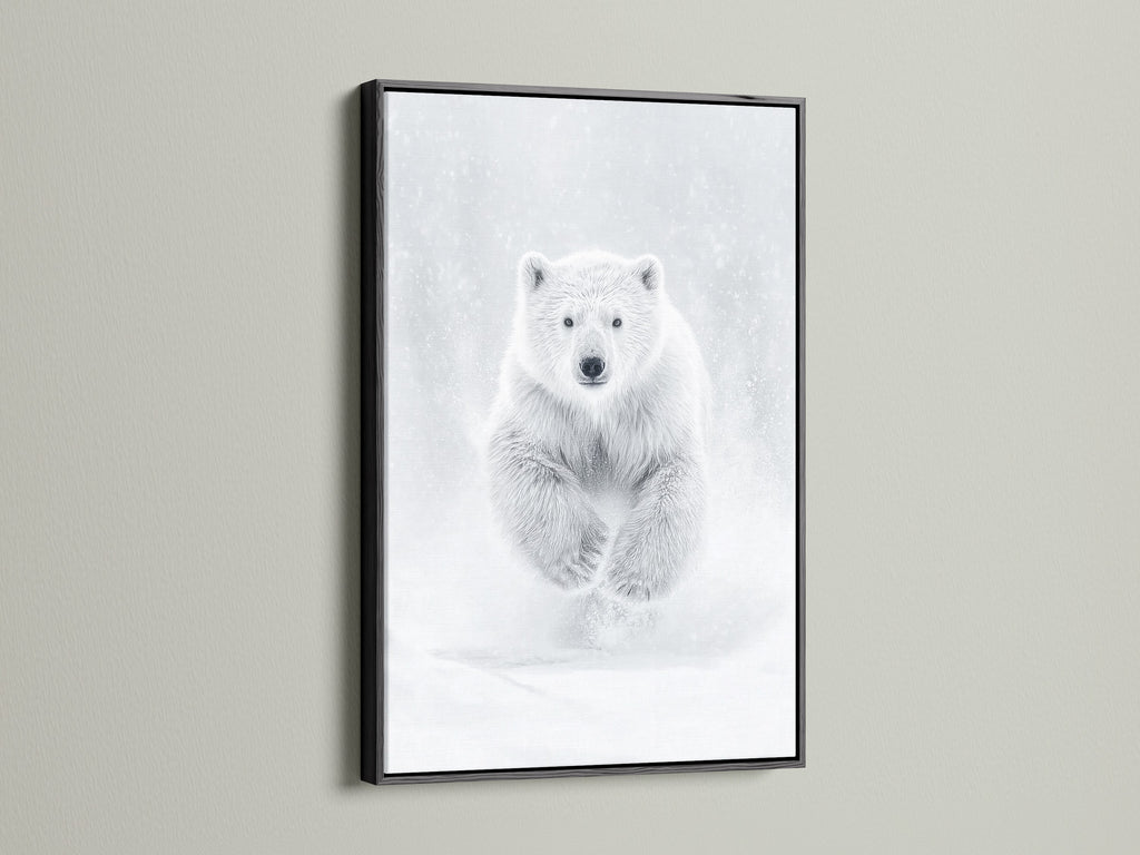 A striking black frame surrounds the polar bear artwork providing a bold contrast to the white backdrop. The black frame accentuates the wildlife wall art creating a modern look for minimalist wall art. Ideal as animal wall decor.