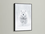 A striking black frame surrounds the polar bear artwork providing a bold contrast to the white backdrop. The black frame accentuates the wildlife wall art creating a modern look for minimalist wall art. Ideal as animal wall decor.