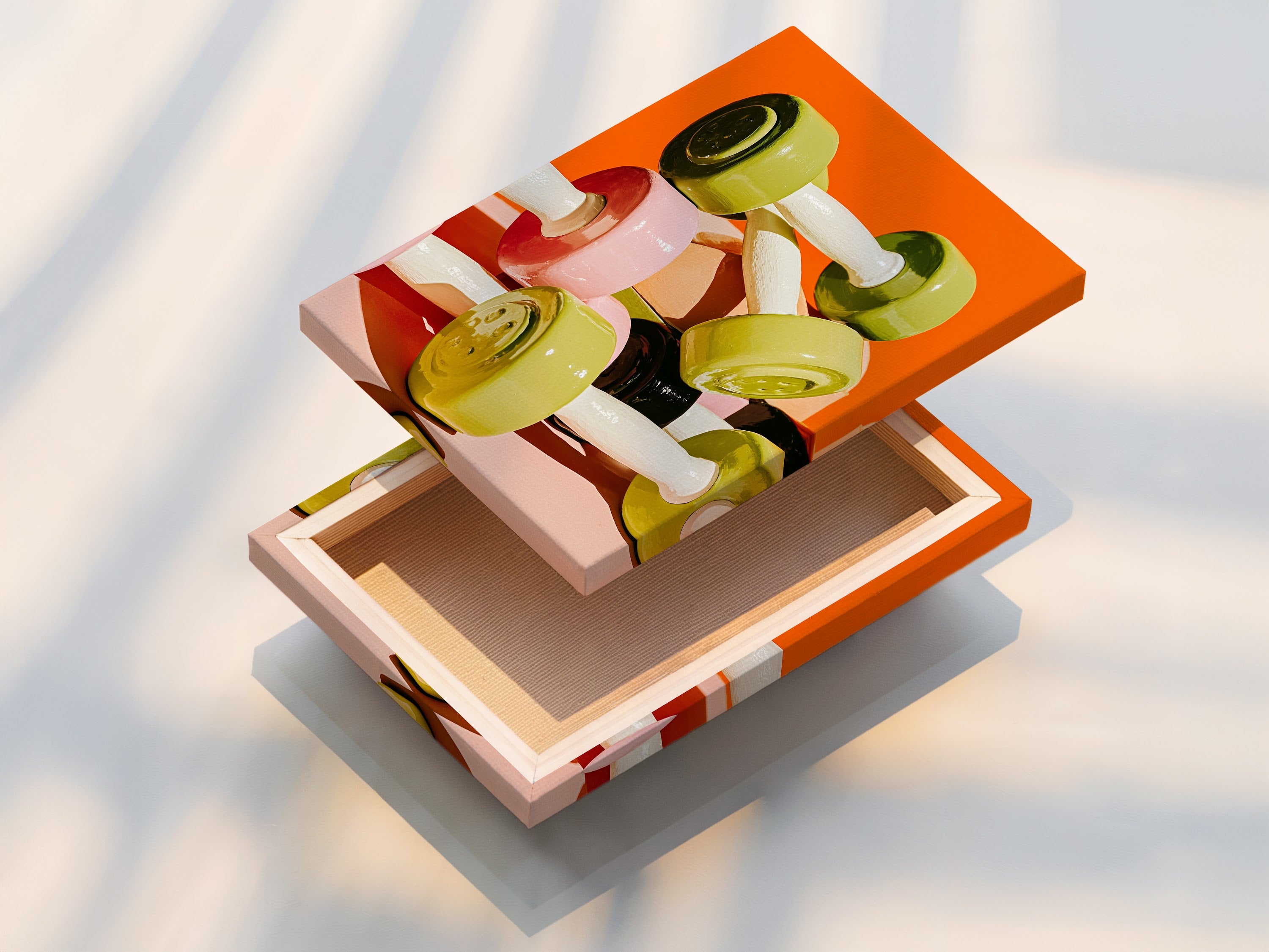 This is a stretched canvas print of dumbbell artwork. The stretched canvas print is ready to hang. It adds a modern touch to any gym. This fitness canvas is perfect for home gyms. Also great for workout studios. The sport art print is vibrant.