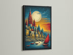 A black frame enhances this beautiful fantasy wall art. The artwork illustrates a medieval castle and a harbor under moonlight. This castle print brings a touch of fairytale charm to your living room. The art has red and gold colors.