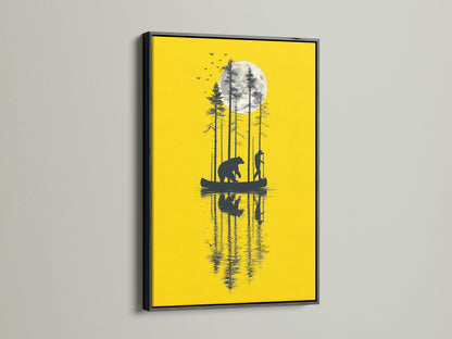 The bear canoe yellow moon artwork is framed in black. The nature canvas print is a striking addition to office wall art. This silhouette art is perfect for man caves. This piece enhances lodges and vacation homes. The moon art print brings a touch of the lake to your space.