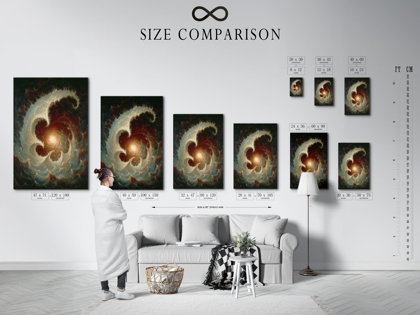 A size comparison chart is displayed in an interior setting. The chart showcases various sizes of the Celestial Vortex artwork. This abstract galaxy wall art is perfect for library wall art. The space themed art is great for scholars.