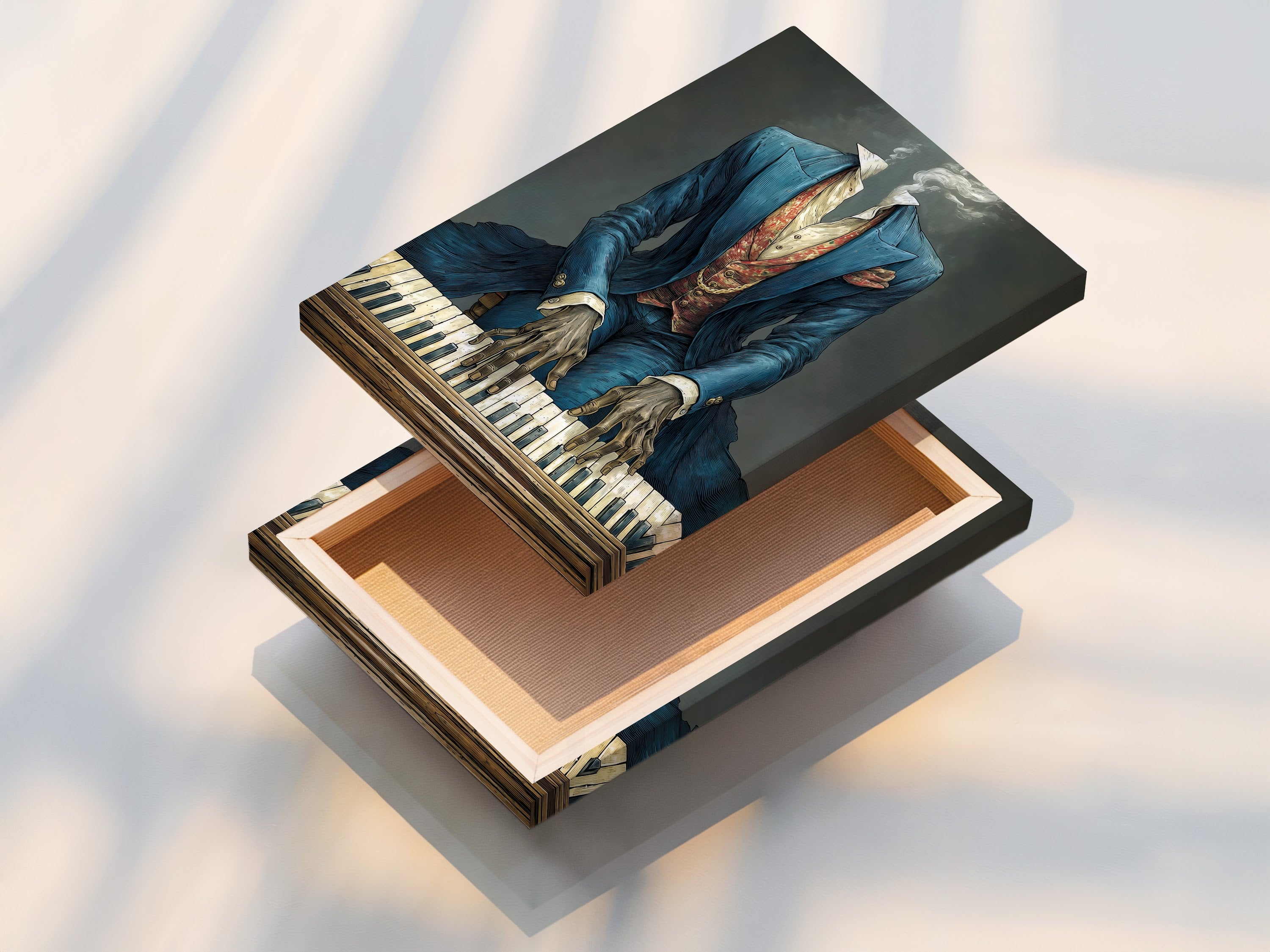 Stretched canvas print of Vintage Piano Player Art. This surreal music wall art elevates any room. The Blue Suit Pianist artwork is perfect for music rooms man caves and music schools.