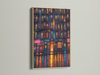 Cityscape at Night artwork in an oak frame. This urban canvas print features neon wall art. It offers a modern city reflection. Perfect artwork for elevating your home decor.