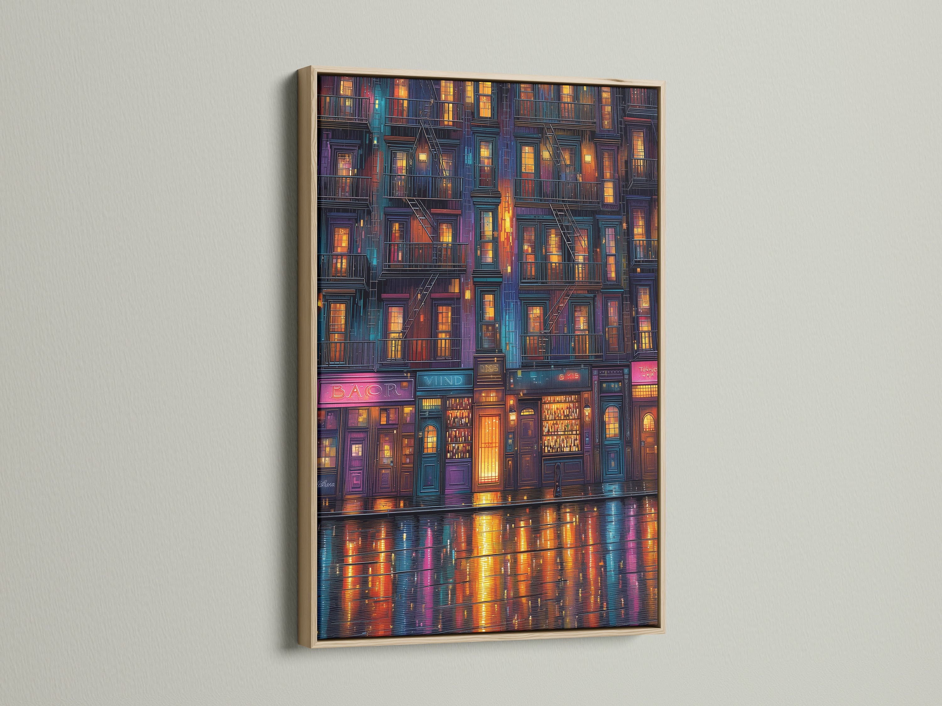 Cityscape at Night artwork in an oak frame. This urban canvas print features neon wall art. It offers a modern city reflection. Perfect artwork for elevating your home decor.