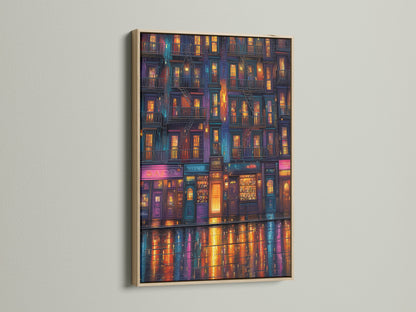 Cityscape at Night artwork in an oak frame. This urban canvas print features neon wall art. It offers a modern city reflection. Perfect artwork for elevating your home decor.