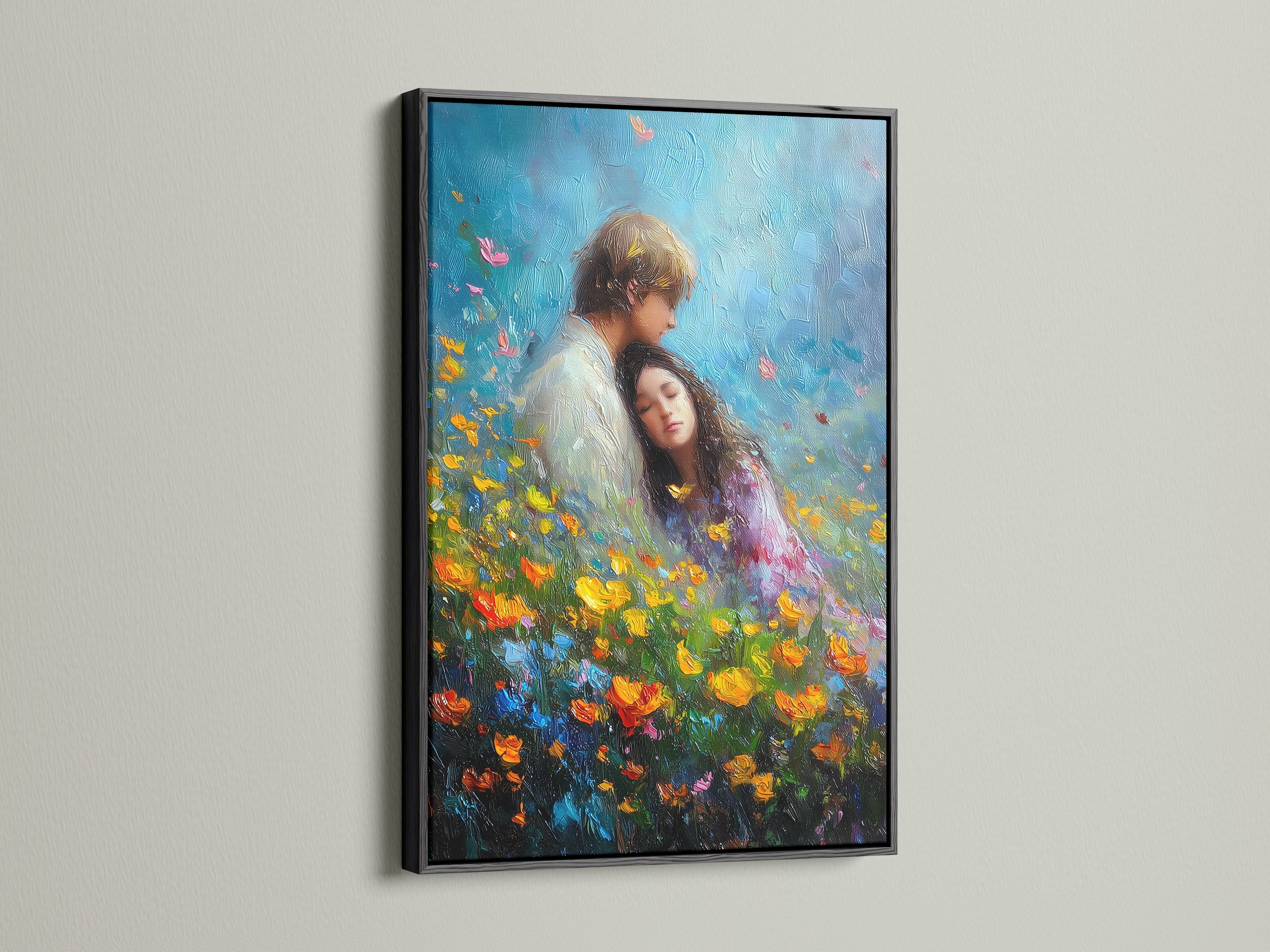 Artwork featuring a black frame. The art presents a couple in a blooming flower field. The black frame provides a bold contrast. It draws the eye into the artwork's details. A dramatic touch for any space.
