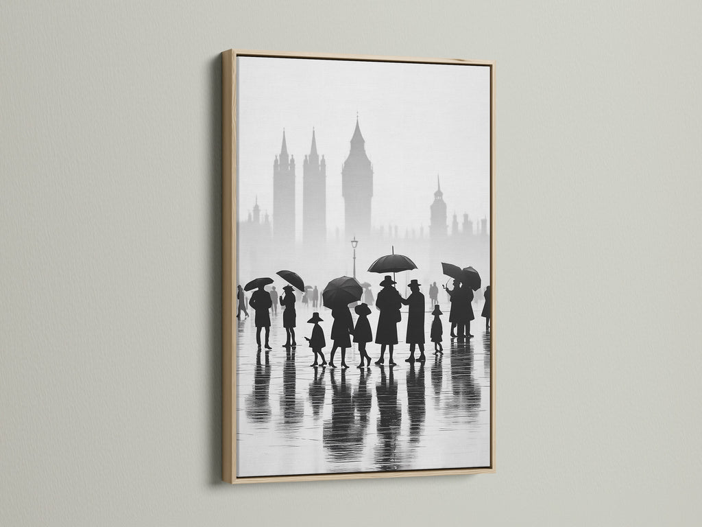 Enhance your space with our oak framed London art. This cityscape print captures a rainy day scene. The black and white art creates a minimalist feel. Perfect for urban photography enthusiasts looking for England art. Big Ben is subtly showcased