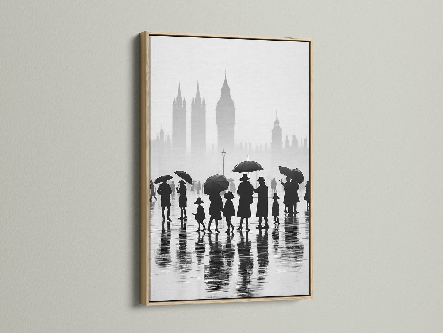 Enhance your space with our oak framed London art. This cityscape print captures a rainy day scene. The black and white art creates a minimalist feel. Perfect for urban photography enthusiasts looking for England art. Big Ben is subtly showcased