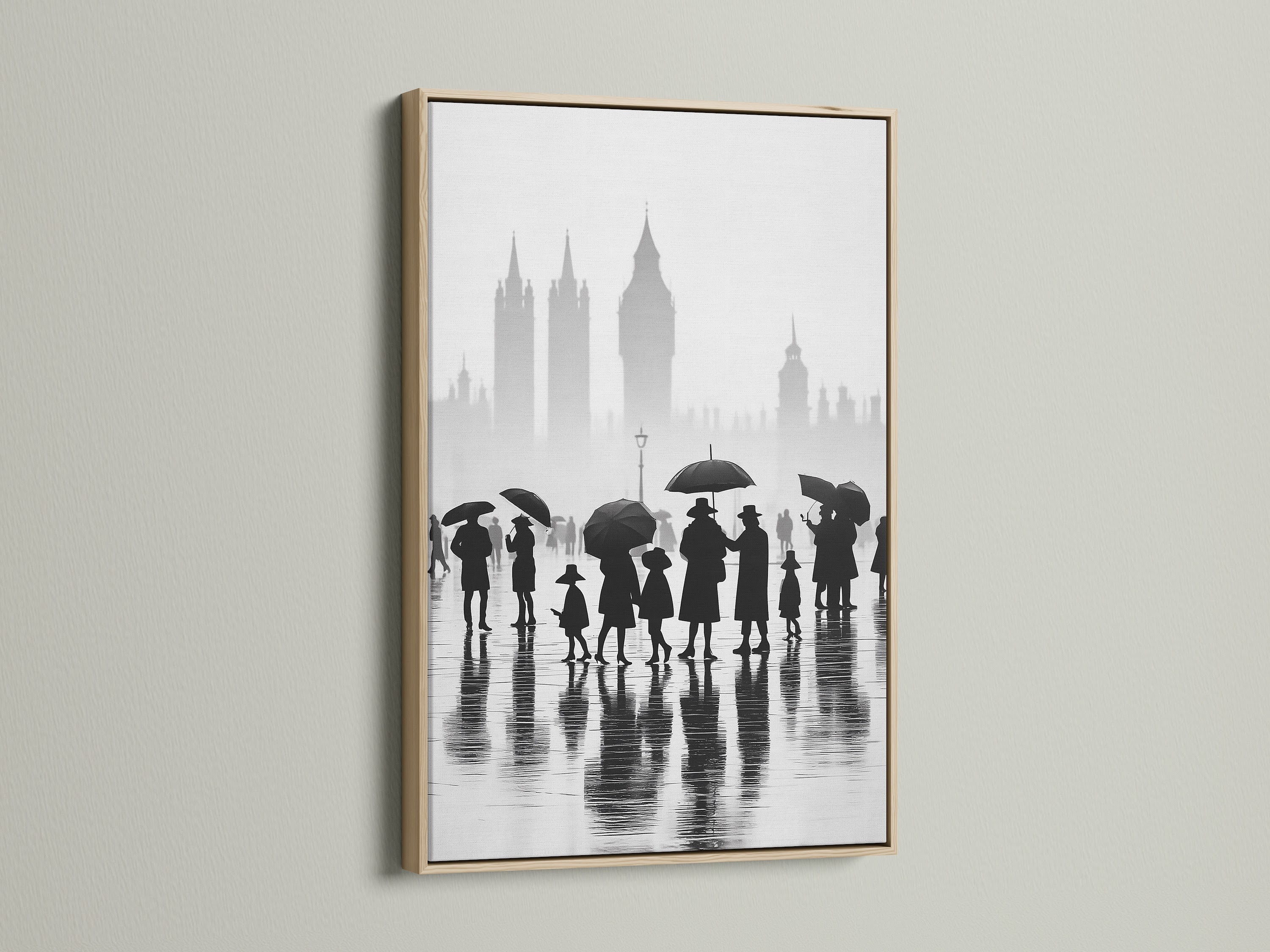 Enhance your space with our oak framed London art. This cityscape print captures a rainy day scene. The black and white art creates a minimalist feel. Perfect for urban photography enthusiasts looking for England art. Big Ben is subtly showcased