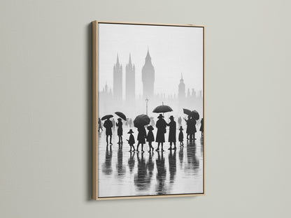Enhance your space with our oak framed London art. This cityscape print captures a rainy day scene. The black and white art creates a minimalist feel. Perfect for urban photography enthusiasts looking for England art. Big Ben is subtly showcased