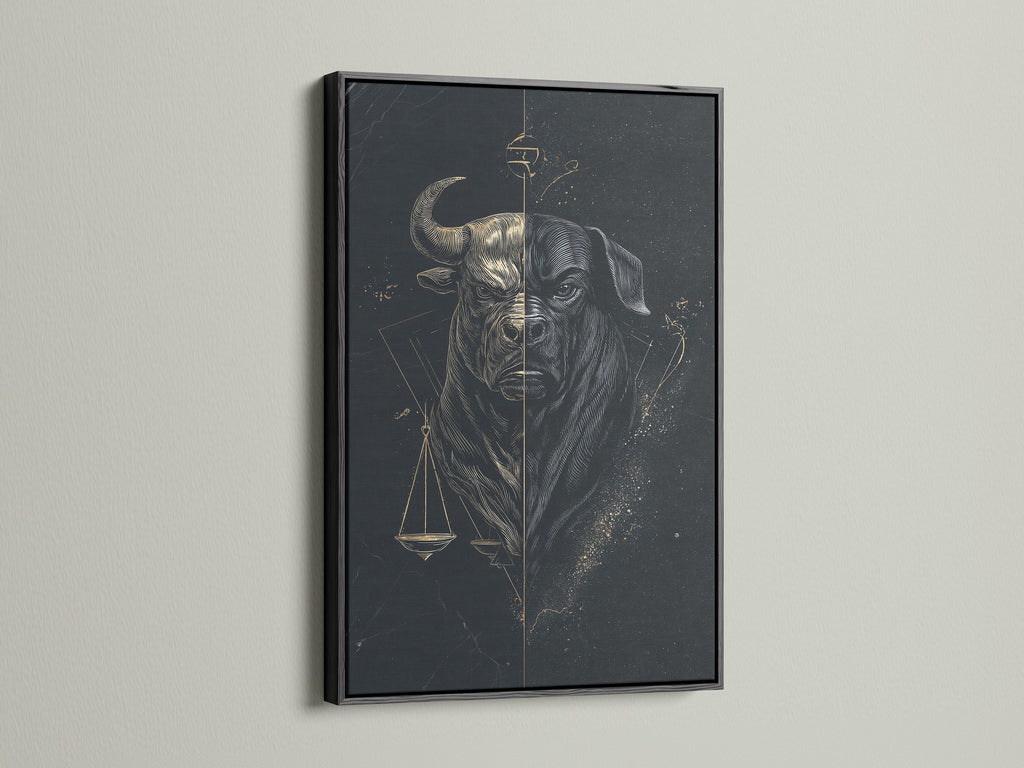 Make a statement with the Bull Justice art print. This scales of justice canvas print is presented in a bold black frame. Ideal for adding a modern touch to your law firm or home office. Decorate your walls today.